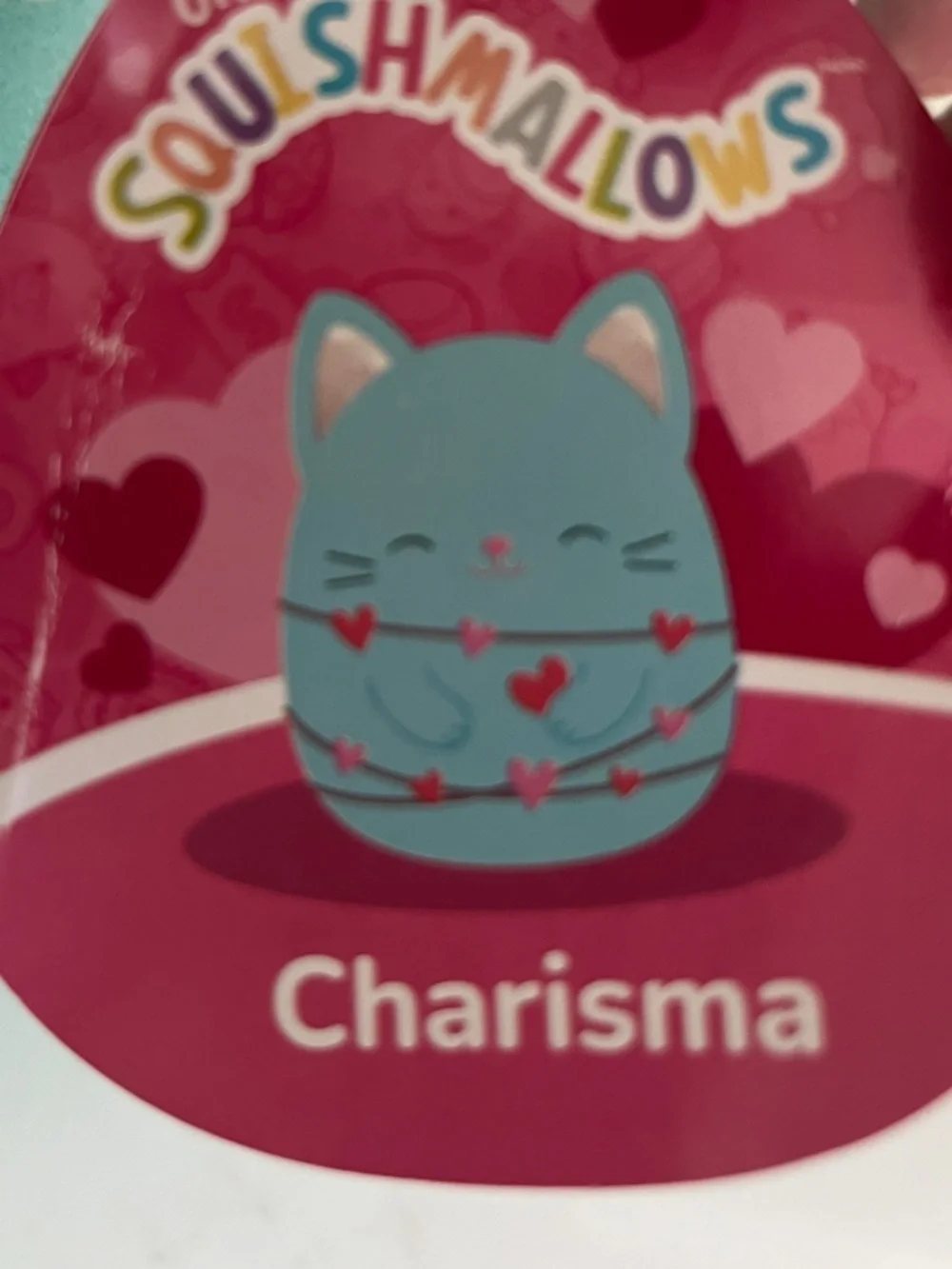 Squishmallows Teal Cat Plush with Pink Heart Accents